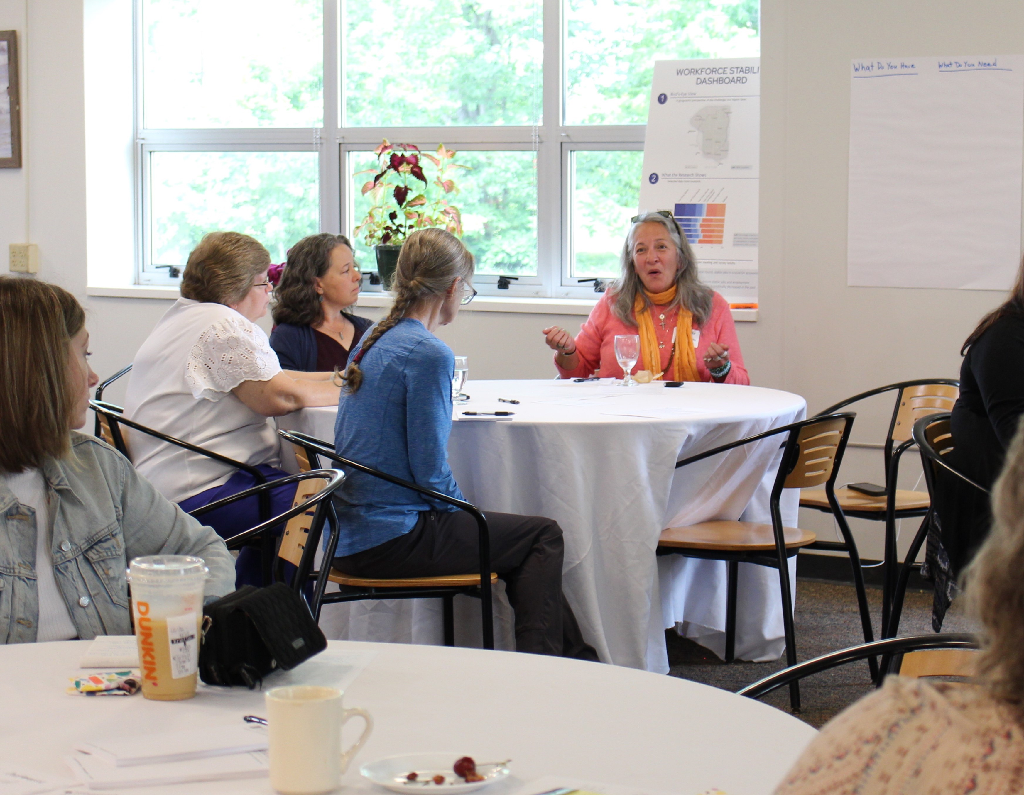 People talking around tables 